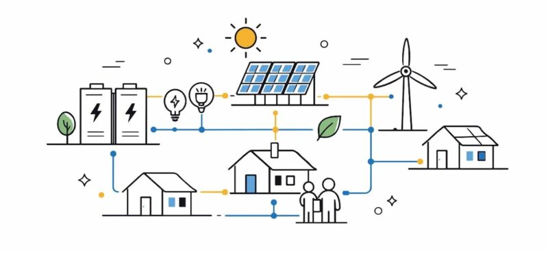 Eine Zeichnung stellt Häuser, Photovoltaik und Stromspeiche dar, das Bündnis Bürgerenergie kritisiert eine Mitteilung der Bundesnetzagentur zur Umsetzung von Energy Sharing durch Verteilnetzbetreiber.