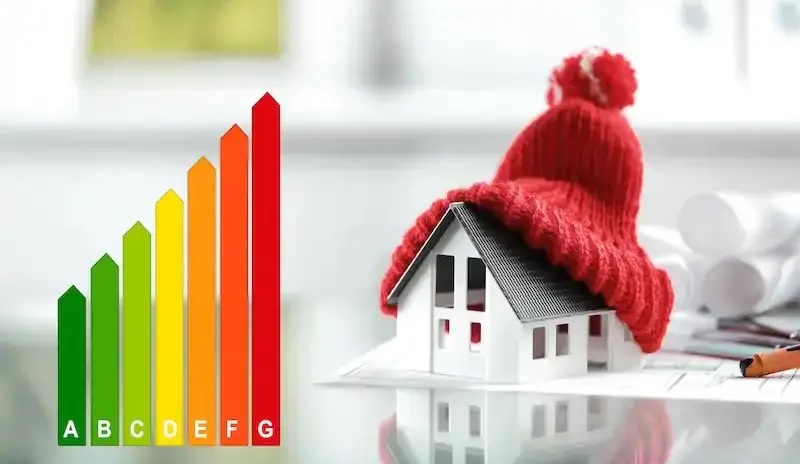 Ein Haus mit Pudelmütze und Energieeffizienzskala, das Gebäudemodernisierungsgesetz verstärkt die Verfehlung vom deutschen Klimaziel im Gebäudesektor.