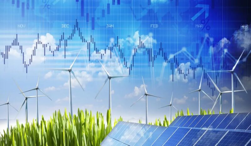 Zackige Kurve mit Windenergieanlagen und Photovoltaik, schwankende Preise auf dem Strommarkt 2025 haben zugenommen.