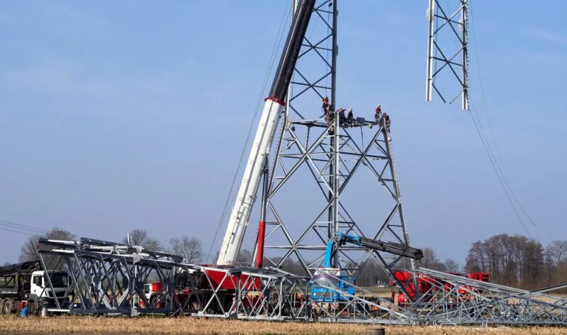 Ein Strommast im Aufbau, die Bundesregierung setzt beim Netzausbau im Rahmen des Bundesbedarfsplangesetzes auf Freilandleitungen.