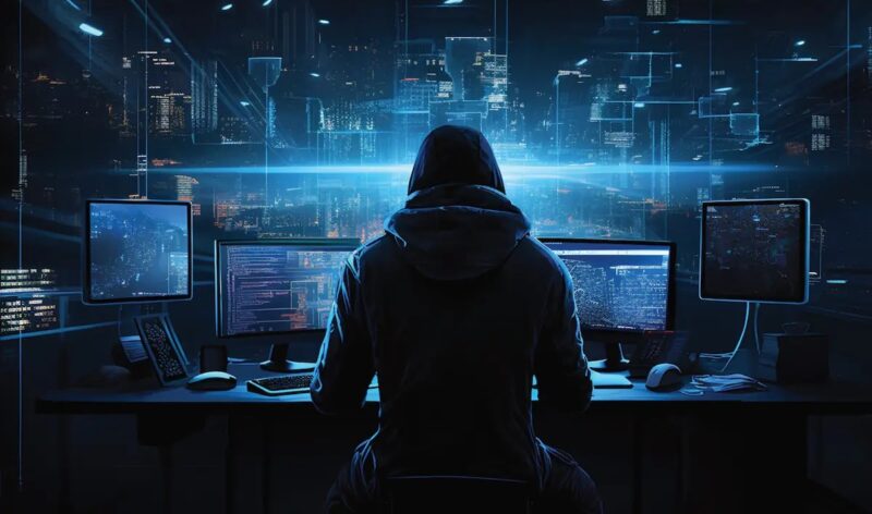 Ein Mensch mit Kapuze vor Bildschirmen, Refu warnt vor Schwachstellen in Monitoring-Plattformen von Photovoltiak-Anlagen als Gefahr für die Cybersicherheit.