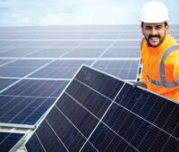 Ein Mann in oranger Arbeitskleidung mit weißem Schutzhelm hält ein Solarmodul vor einem Schrägdach mit weiteren Modulen in den Händen.