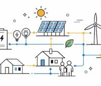 Eine Grafik mit Häusern, PV-Modulen, Speichern etc. und Menschen als Symbolbild für Energy Sharing.