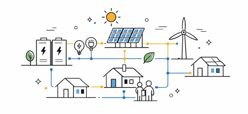 Eine Grafik mit Häusern, PV-Modulen, Speichern etc. und Menschen als Symbolbild für Energy Sharing.