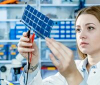 Frau in Laborkittel hält Solarzellen in die Luft, in aktiven, nur wenige Nanometer dünnen Schichten von neuen Solarzellen gelten die Gesetze der Quantenmechanik.