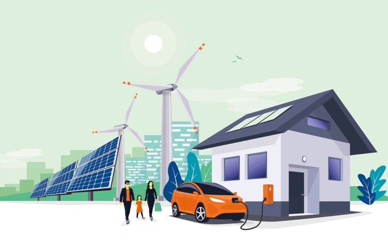 Die Illustration zeigt ein oranges Auto an einer Wallbox eines weiß-grauen Einfamilienhauses, im Hintergrund zwei Windkraftanlagen und drei Photovoltaikmodule, in der Ferne eine angedeutete Großstadtszenerie mit Hochhäusern.