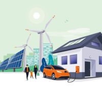 Die Grafik zeigt ein oranges Auto an einer Wallbox eines weiß-grauen Einfamilienhauses, im Hintergrund zwei Windkraftanlagen und drei Photovoltaikmodule, in der Ferne eine angedeutete Großstadtszenerie mit Hochhäusern.