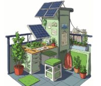 Die Zeichnung zeigt einen Balkon mit Photovoltaik-Modulen, Balkonkraftwerk-Speicher ohne 960-Watt-Grenze sind normwidrig, wie zwei Landgerichte entschieden haben.