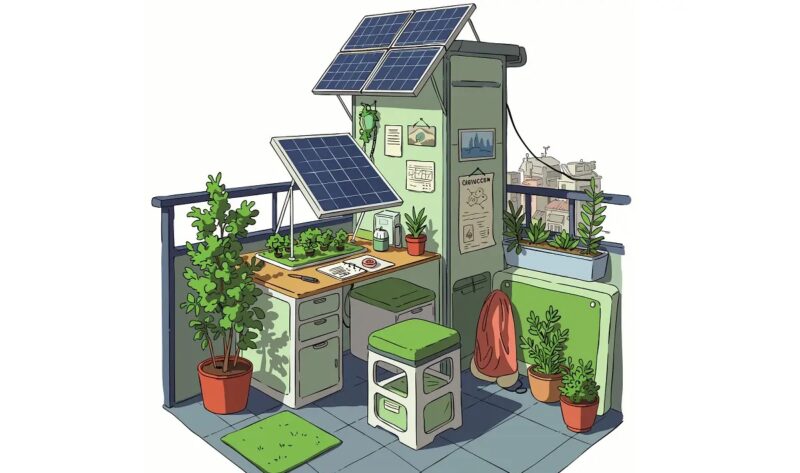 Die Zeichnung zeigt einen Balkon mit Photovoltaik-Modulen, Balkonkraftwerk-Speicher ohne 960-Watt-Grenze sind normwidrig, wie zwei Landgerichte entschieden haben.