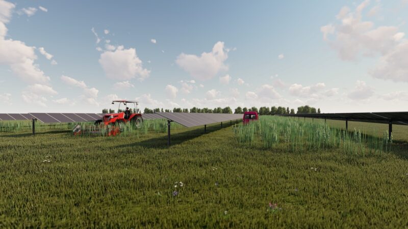 Grafik von Agri-PV-Anlage auf Acker mit einem roten Traktor