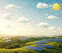 Eine Grafik mit Photovoltaik-Modulen in Hügellandschaft und Sonnen am Himmel als Symbol für die KI-basierte Solarprognose.