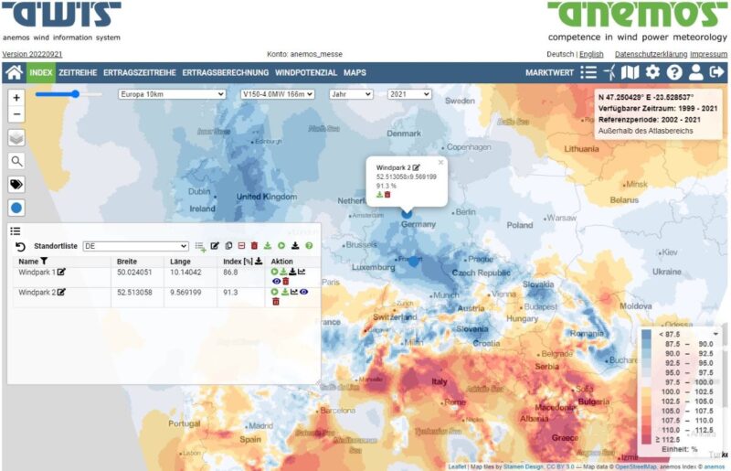 Farbige Europakarte mit Daten zum Windpotenzial