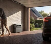 Zu sehen ist eine geöffnete Garage, in die ein Mann sein Fahhrad schiebt. Links in der Ecke der Garage steht eine Anker Solix Solarbank. Rechts im Bild steht ein schwarzes Auto in der Garage.