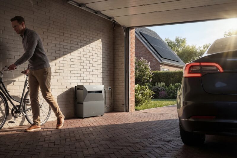 Zu sehen ist eine geöffnete Garage, in die ein Mann sein Fahhrad schiebt. Links in der Ecke der Garage steht eine Anker Solix Solarbank. Rechts im Bild steht ein schwarzes Auto in der Garage.