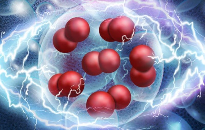 Grafik animiert Atome vor einem Bett aus Nanomaterialien.