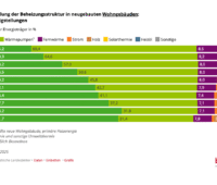 Liegendes Balkendiagramm zeigt die Verteilung der Heizungsarten im Neubau über die letzten 10 Jahre