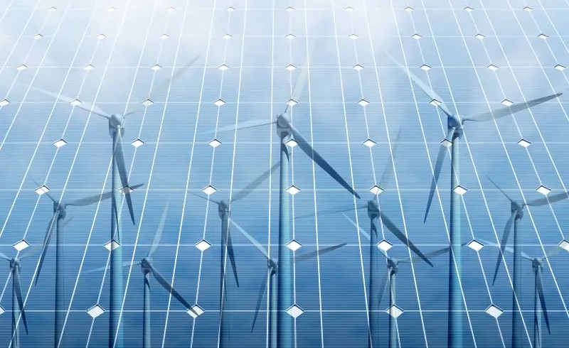 Zu sehen ist eine Grafik aus Photovoltaik und Windenergie. Erneuerbarer Wasserstoff braucht erneuerbare Energien.