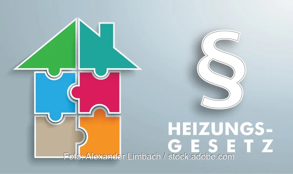 Im Bild ein Haus in Puzzleform mit Aufschrift Heizungsgesetz als Symbol für die klimaneutrale Wärmeversorgung.