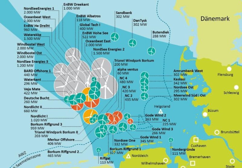 Eine Land- und Seekarte zeigt die Offshore-Windparks in Deutschlands Nordsee, die Offshore-Windenergie-Ausschreibung blieb ohne Gebote.