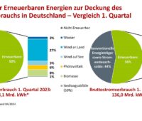 Im Bild die Anteile der erneuerbaren Energien am Stromverbrauch im ersten Quartal 2024.