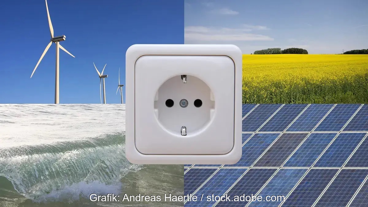 Eine Steckdose mit Photovoltaik, Windenergie, Wasserkraft und Bioenergie als Symbol für die Reform des Strommarktes.