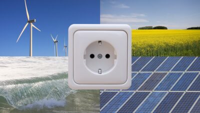 Zu sehen ist eine Collage aus Fotos mit Windenergie, Photovoltaik, Biomasse, Wasserkraft und Stromsteckdose als Symbol für das neue Strommarktdesign für die Integration fluktuierender Erneuerbarer Energien