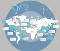 Zu sehen ist eine Weltkarte mit den 15 Ländern, die die größten Investitionen in Erneuerbare Energien 2019 getätigt haben.