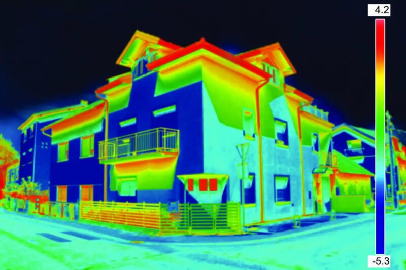 Im Bild eine Thermografie eines Gebäudes als Symbol für die Evaluation der BEG-Förderung.