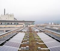 Photovoltaikmodule auf einem begrünten Flachdach in Berlin