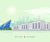 Batteriegroßspeicher, Windenergie und Photovoltaik vor Stadtsilhouette, der Versorgungssicherheitsbericht der Bundesnetzagentur unterschätzt die Bedeutung von Speichern.