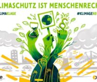 Eine Illustration für die neue Klimaklage des BUND mit der Aufschrift Klimaschutz ist Menschenrecht.