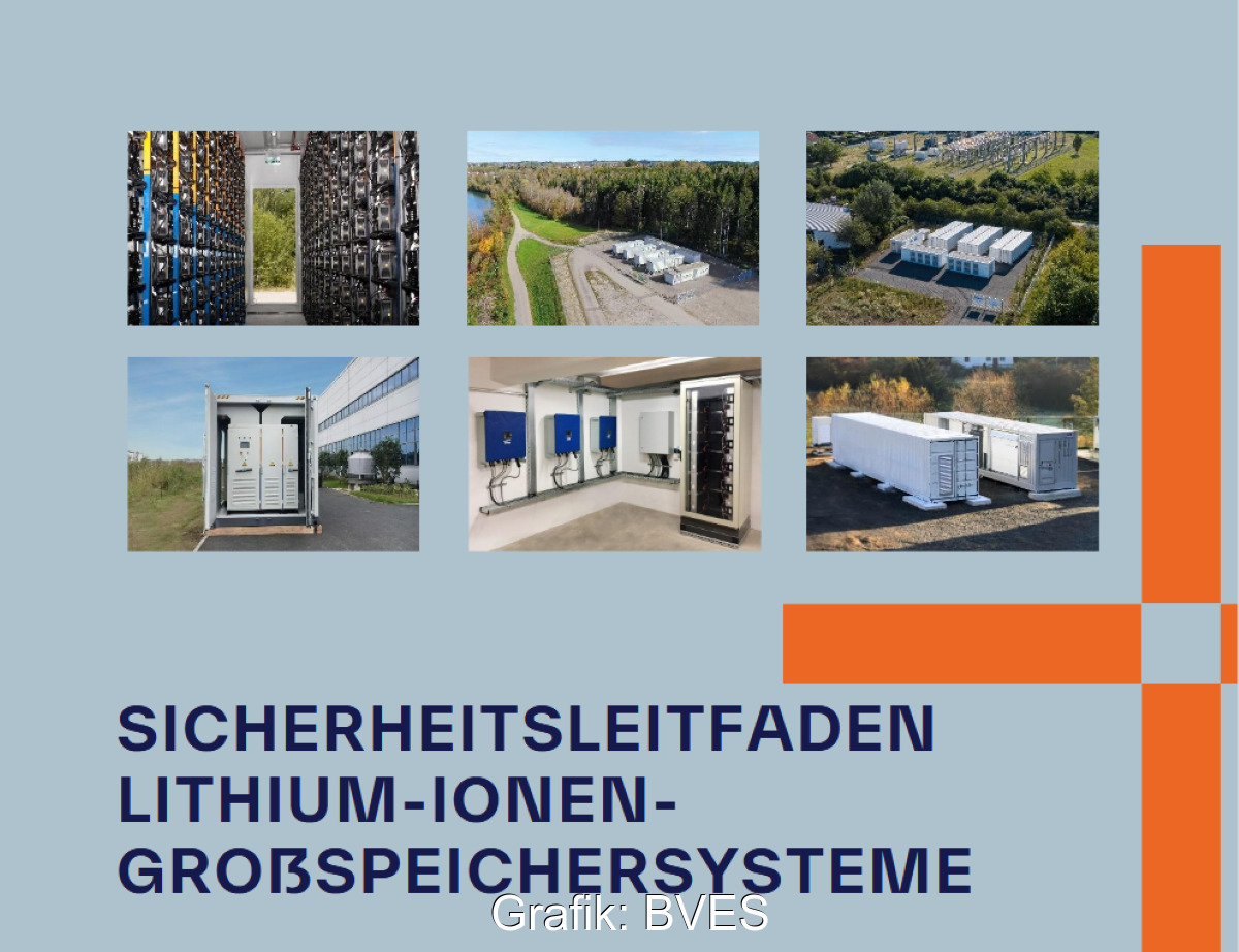 Titelbild des BVES-Leitfadens für Großspeichersysteme, angereichert mit Fotos einzelner Speicher.