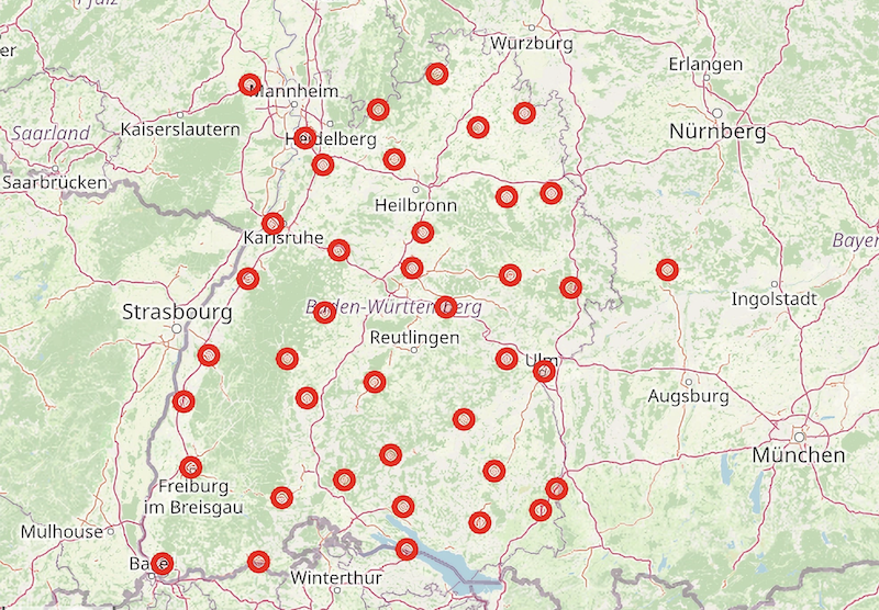 Karte von Baden Württemberg zeigt Stationen, an den Daten zur Solarstrahlung erfasst werden