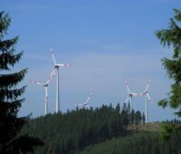 Windenergieanlagen zwischen Fichten auf einer Anhebung im Rothaargebirge.