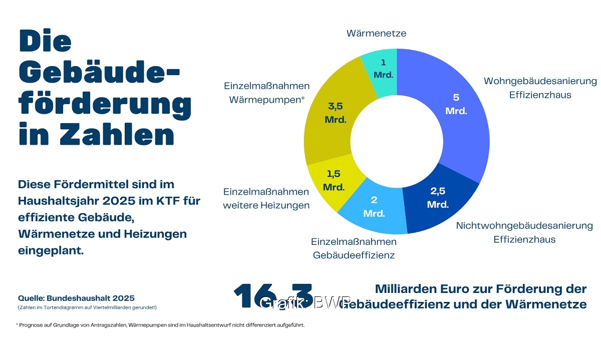 Ein Tortendiagramm zeigt die Anteile der Kosten der BEG-KfW-Förderung nach Wärmepumpen, Effizienzmaßnahmen, Komplettsanierungen. Wärmenetzen und anderen Heizungen.