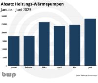 Ein Balkendiagramm zeigt den Absatz von Wärmepumpen in den ersten Monaten 2025, laut BWP waren es mehr als Gasheizungen.