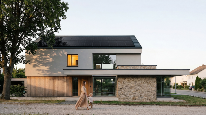 Modernes zweigeschossiges Einfamilienhaus mit einer Photovoltaikanlage auf dem geneigten Dach. Vor dem Gebäude läuft eine erwachsene Person mit einem Kleinkind vorbei. Links steht ein großer Baum, im Hintergrund ist eine Wohnstraße zu sehen.