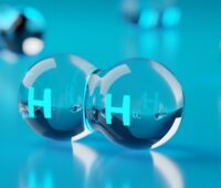 Ein abstraktes, transparentes Wasserstoffmolekül in verschiedenen Blautönen vor blauem Hintergrund mit weiteren unscharfen Molekülen.