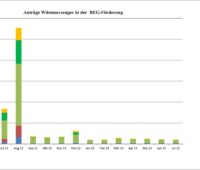 Balkendiagramm zeigt Zahl der Bafa-BEG-Förderung-Anträge monatlich seit Juli 2022. Seit August 2022 ist die Zahl der Anträge drastisch gesunken.