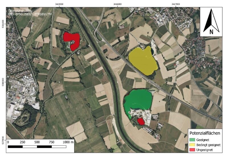 Luftbild mit Grafik zeigt Potenzial von Floating PV auf Baggerseen