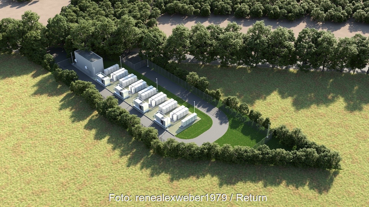 Zu sehen ist das zukünftige Speicherprojekt Batteriegroßspeicher Brietlingen aus der Vogelperspektive. Es liegt auf einer grüner Wiese umfasst von einem Weg rundherum, der von Bäumen gesäumt ist.