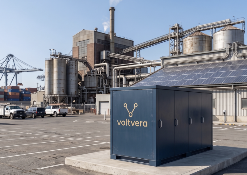 Das Bild zeigt ein Industriegelände mit einem Voltvera-Speichersystem im Vordergrund rechts. Voltvera sieht vier Hebel für die Wirtschaftlichkeit der Batteriespeicher in der Industrie.