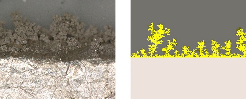 Zu sehen ist der Vergleich des Dendritenwachstums im Experiment zum Modell, das die Batteriespeicher mit metallischen Lithium-Elektroden voranbringen soll.