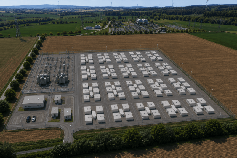 Luftaufnahme einer Visualisierung des geplanten Batteriespeicherprojekts in Lamspringe. Zu sehen ist ein großer Batteriespeicher mit zahlreichen Containerreihen, Umspannwerk und Netzanschluss auf einer eingezäunten Fläche zwischen landwirtschaftlichen Feldern.