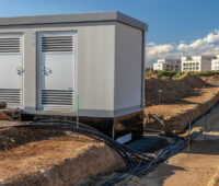 Graue Netzstation auf einer Baustelle, aus deren Fundament mehrere dicke Erdkabel herausgeführt und in einen offenen Graben verlegt werden. Im Hintergrund Erdaushub und mehrstöckige Gebäude.