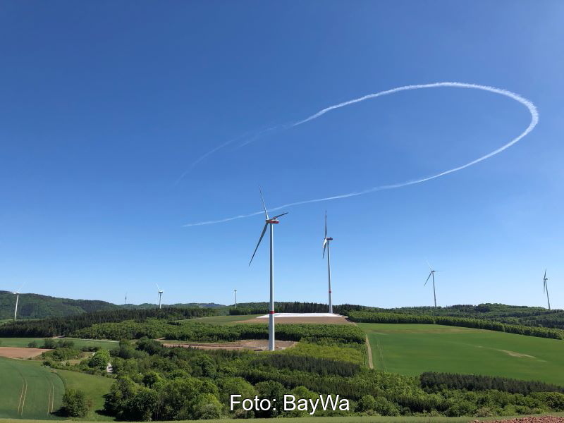 Windkraftanlagen auf welligem Terrain unter blauem Himmel.