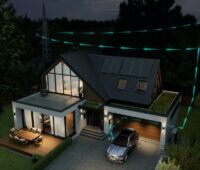 Illustration eines Wohnhauses mit Photovoltaik auf dem Dach und einem Mercedes-Benz-Elektroauto an einer Wallbox. Türkise Leuchtlinien symbolisieren den Energiefluss zwischen Fahrzeug, Haus und Stromnetz.