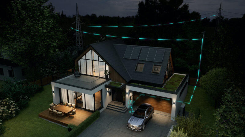 Illustration eines Wohnhauses mit Photovoltaik auf dem Dach und einem Mercedes-Benz-Elektroauto an einer Wallbox. Türkise Leuchtlinien symbolisieren den Energiefluss zwischen Fahrzeug, Haus und Stromnetz.