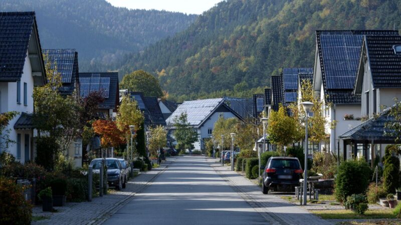 Dörfliche Straße mit Einfamilienhäusern udn PV-Anlagen.