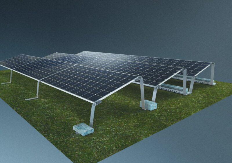 Computeranimiertes Bild eines Monatgesystems für durchlässige PV-Module auf einem Gründach.